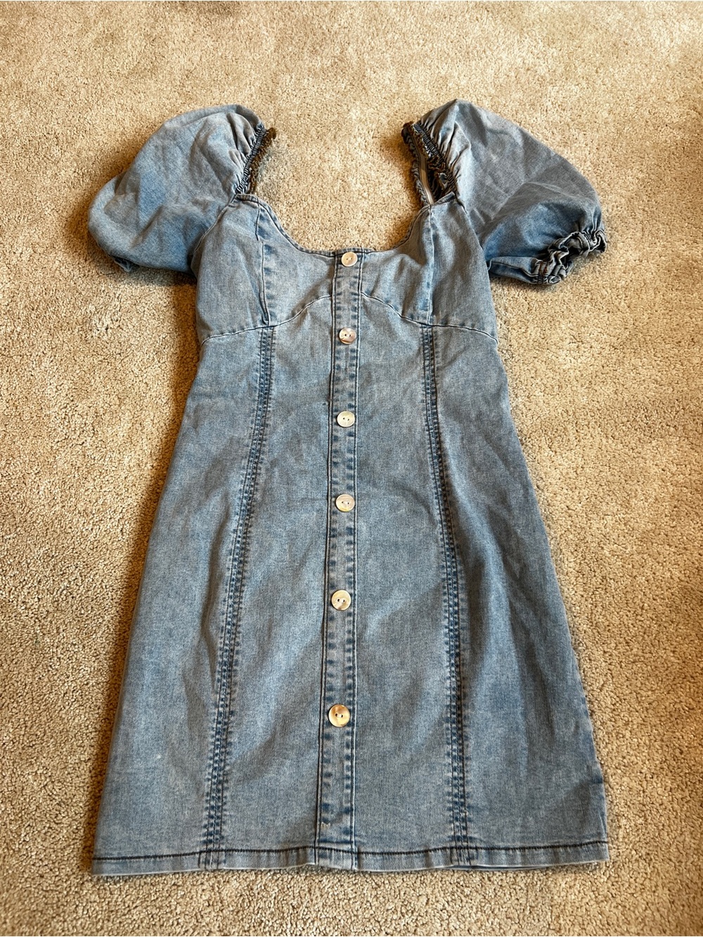 Denim Puff-Sleeve Button-Front Mini Dress - Blue